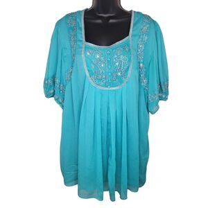 Denim 24/7 bohemian embroidered chiffon peasant top size 24W